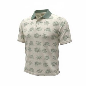 Men's Cream and Green Patterned Polo Shirt Size L